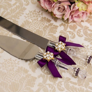 Púrpura pastel pastel porción conjunto de corte conjunto cuchillo conjunto de corte de la torta de la boda conjunto de la torta de la boda servidor conjunto de oro púrpura