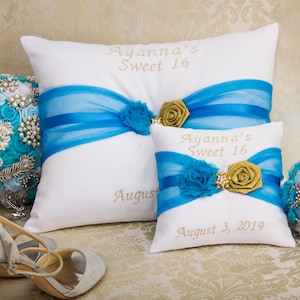 Personalized Quinceanera Pillow Set in Gold and Blue, Tiara Pillow, Sweet 16, Mis 15 Anos, Cogines