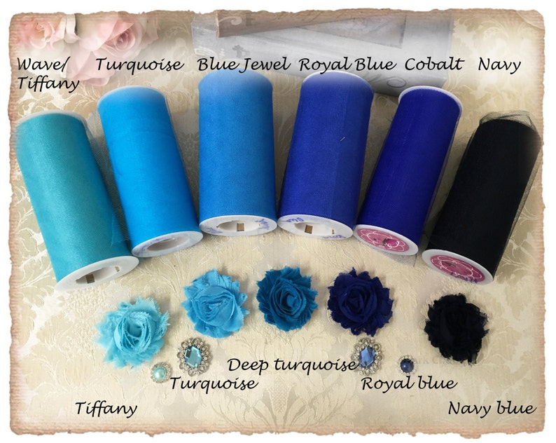 chiffon flowers and Satin Ribbon SAMPLES Blue and Turquoise Tulle