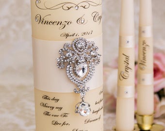 Personalized Unity Candle Set Ivory Wedding Unity Candle Set Ceremony Crystal Unity Candles Set Wedding Candles Set