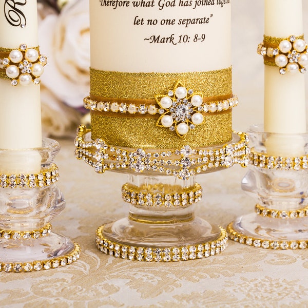 Gold Wedding Unity Candle Holder Set for Great Gatsby Wedding Ceremony, Art Deco Wedding Unity Candles Stand, Wedding Candles Set Stand