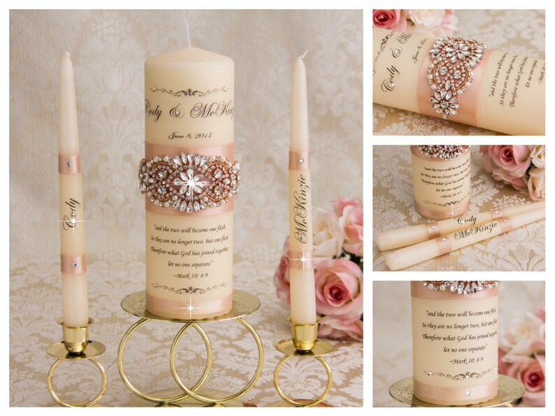 Rose Gold Unity Candle Set Rose Gold Wedding Unity Candles Blush Wedding Candle Personalized Unity Candle Rhinestone Unity Candle image 5