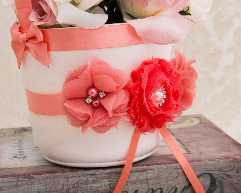 Coral Flower Girl Basket and Pillow Coral Wedding Ring Pillow and Flower Girl Petal Basket Ring Bearer Pillow