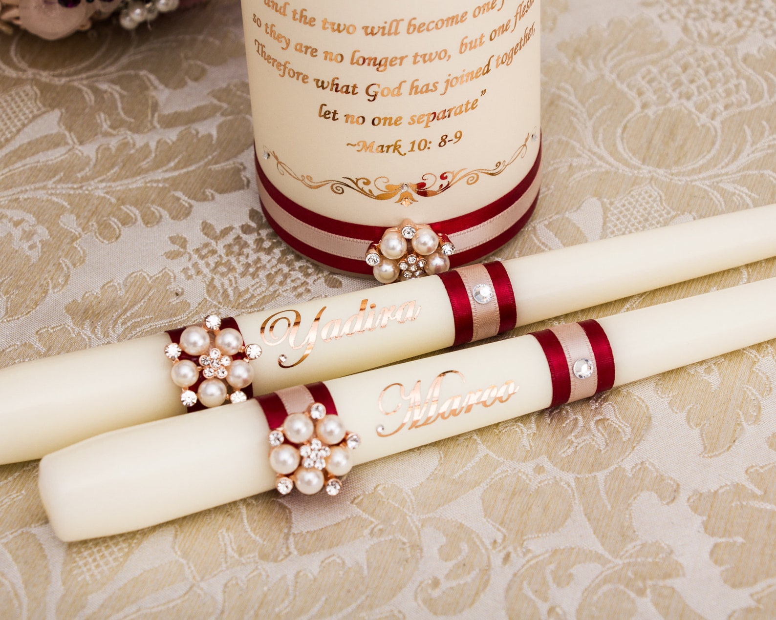 Rose Gold Wedding Unity Candle Set Burgundy Unity Candles Etsy