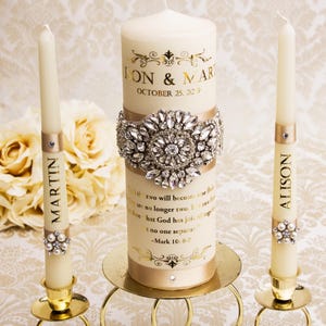 Wedding Unity Candle Set with champagne ribbons, silver jewels, Personalized Candles Set for Wedding