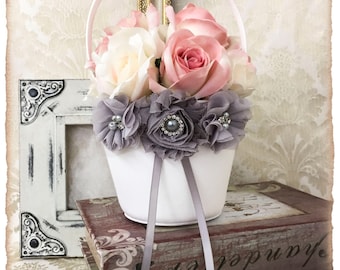 Gray Flower Girl Basket, Flower Girl Basket, Petal Basket, Wedding Decor, Gray Wedding Accessories, Custom Color Wedding