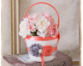 Gray and Light Coral Flower Girl Basket and Ring Pillow, Petal Basket, Wedding Ring Bearer Pillow Wedding Accessories Coral and Gray Wedding
