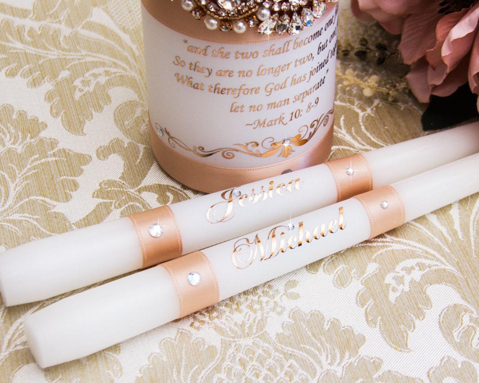 Rose Gold Wedding Unity Candle Set With Rose Gold Cross Etsy