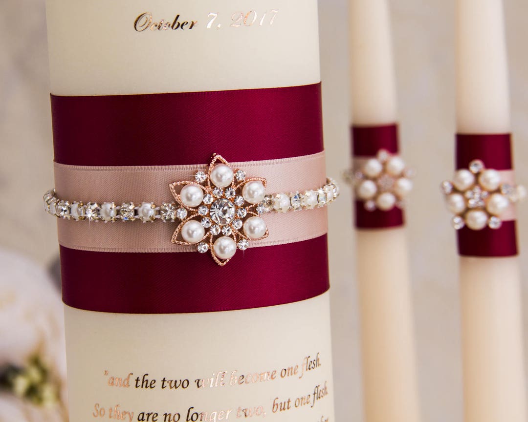 Rose Gold Wedding Unity Candle Set, Burgundy Unity Candles, Rose Gold