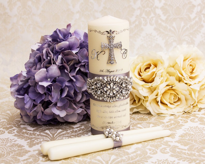 Wedding Unity Candle Set in Silver Personalized Wedding Candles Gold Crystal Unity Candle Set for Church Wedding