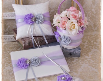 Orchid and Silver Wedding Accessories Set, Wedding Ring Bearer Pillow, Flower Girl basket, Wedding Guest Book, Pen Holder, Lavender and Grey