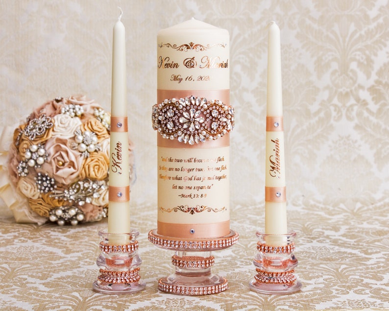 Rose Gold Unity Candle Set Rose Gold Wedding Unity Candles Blush Wedding Candle Personalized Unity Candle Rhinestone Unity Candle image 3