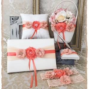 Peach Flower Girl Basket set, Wedding Ring Pillow, Ring Bearer Pillow, Wedding Guest Book, Pen Holder, Wedding Garter Set, Peach and Coral