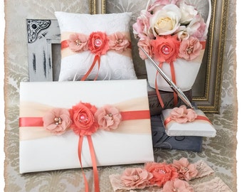 Peach Flower Girl Basket set, Wedding Ring Pillow, Ring Bearer Pillow, Wedding Guest Book, Pen Holder, Wedding Garter Set, Peach and Coral