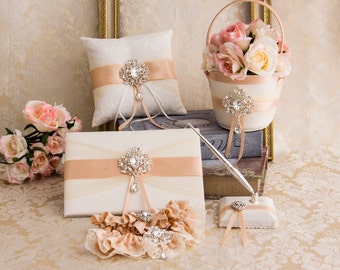 Blush Ring Bearer Pillow, Flower Girl Basket, Rose Gold Flower Girl Basket and Ring Bearer Pillow Set, Wedding Pillow, Guest Book