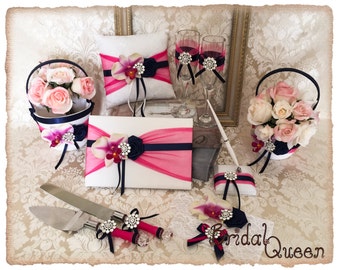 Fuchsia and Navy Flower Girl Basket set Wedding Ring Bearer Pillow Wedding Guest Book Pen Holder Garter Toasting Flutes Cake Serving Set