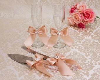 Rose Gold Wedding Toasting Flutes Cake Cutting Set, Rose Gold Toasting Flutes, Champagne Glasses Cake Serving Set Wedding décor