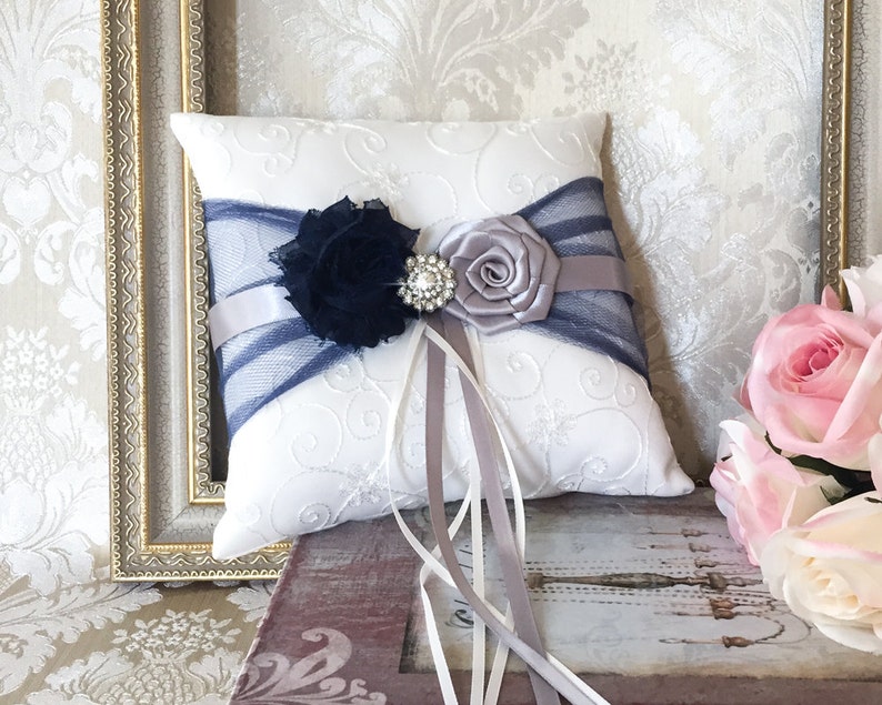 Wedding Pillow Navy Blue and Gray Ring Bearer Pillow Wedding Ring Bearer Pillow Gray And Navy Blue Wedding Ring Pillow