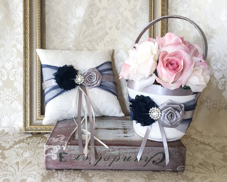 Wedding Pillow Navy Blue and Gray Ring Bearer Pillow Wedding Ring Bearer Pillow Gray And Navy Blue Wedding Ring Pillow