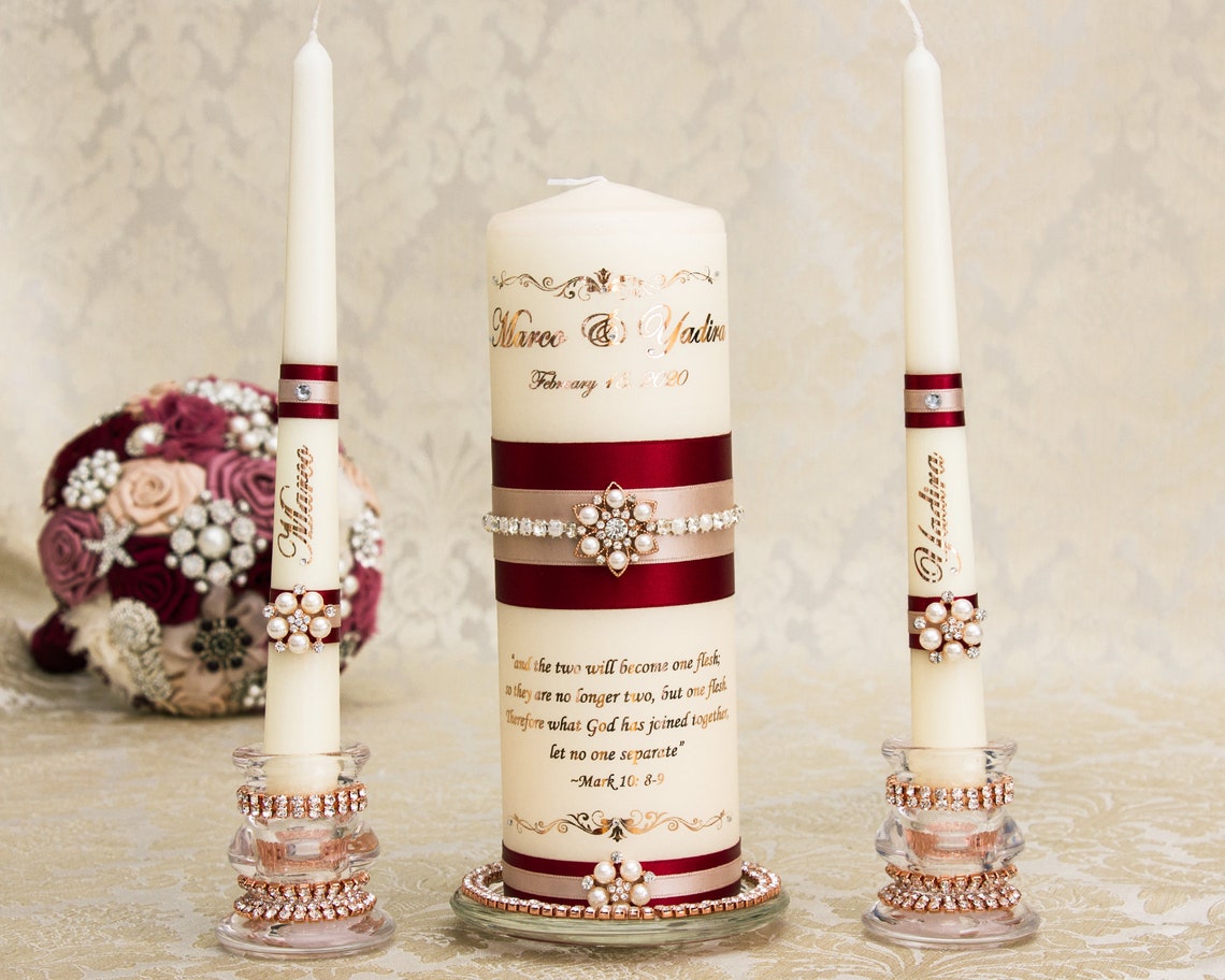 Rose Gold Wedding Unity Candle Set Burgundy Unity Candles Etsy