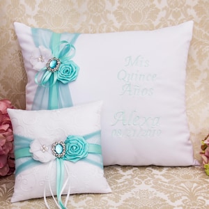 Personalized Quinceanera Pillow Set in Aqua Colors, Tiara Pillow, Sweet 16, Mis 15 Anos