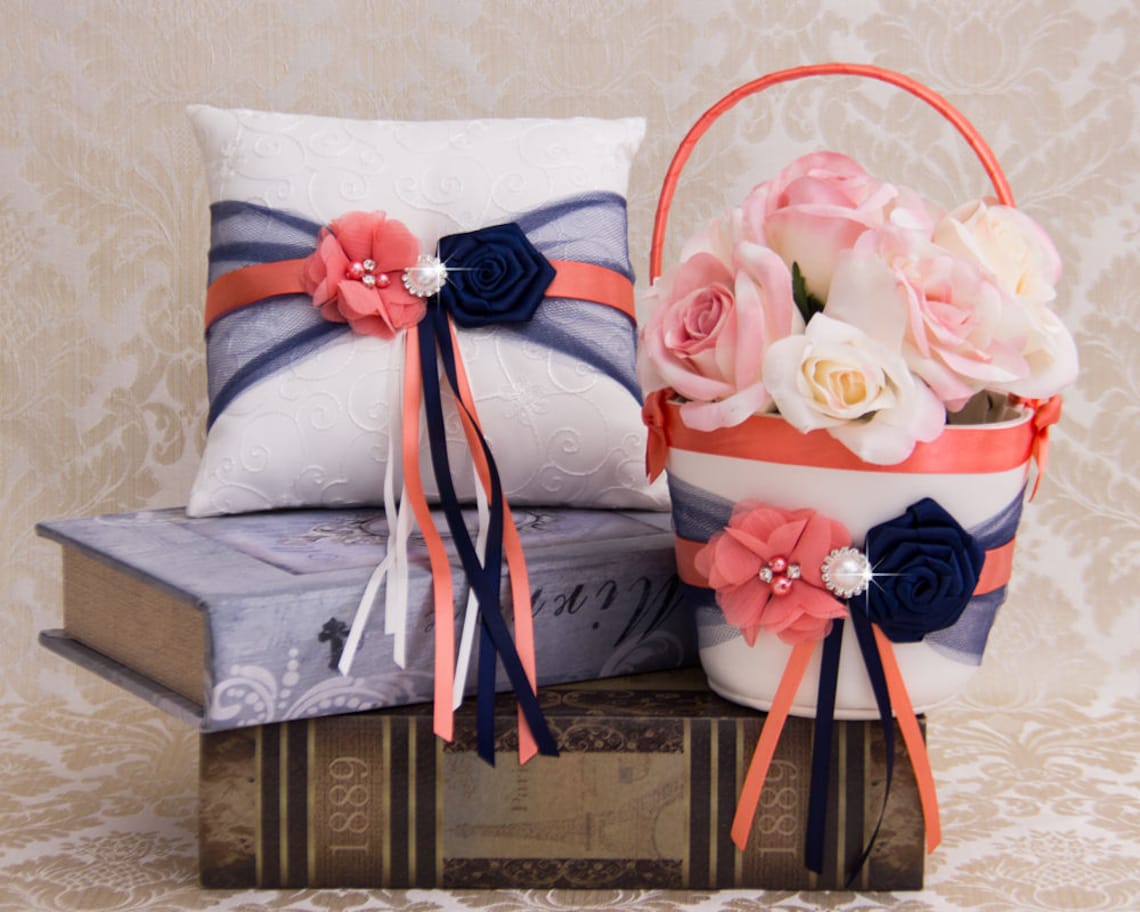 Coral and Navy Blue Flower Girl Basket and Ring Bearer Pillow image 1