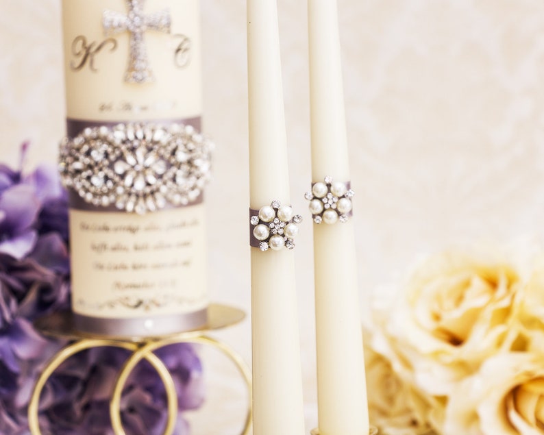 Wedding Unity Candle Set in Silver Personalized Wedding Candles Gold Crystal Unity Candle Set for Church Wedding