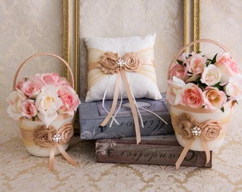 Rose Gold Wedding Flower Girl Basket and Ring Pillow Set, Blush Wedding, Champagne Wedding Ring Bearer Pillow