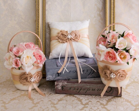 Rose Gold Wedding Flower Girl Basket And Ring Pillow Set Etsy