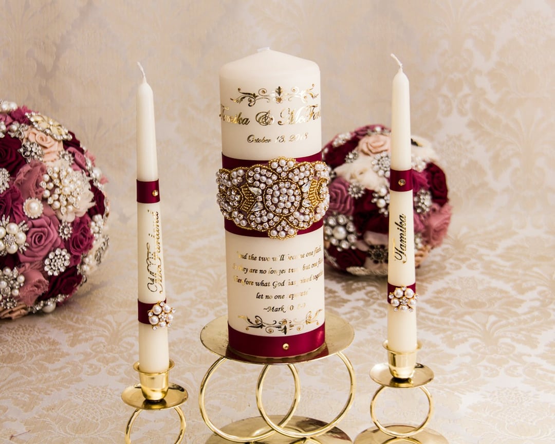 Rose Gold Wedding Unity Candle Set, Burgundy Unity Candles, Rose Gold
