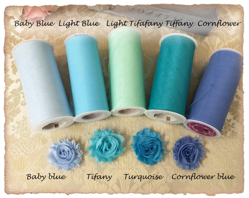 chiffon flowers and Satin Ribbon SAMPLES Blue and Turquoise Tulle