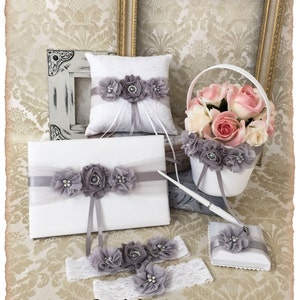 Gray Flower Girl Basket set, Wedding Ring Pillow, Ring Bearer Pillow, Wedding Guest Book, Pen Holder, Wedding Garter Set, Gray Grey