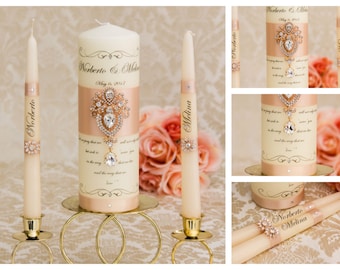 Rose Gold Unity Candle Set, Wedding Unity Candle Set, Personalized Ceremony Blush Unity Candles Set, Crystal Wedding Candle Set