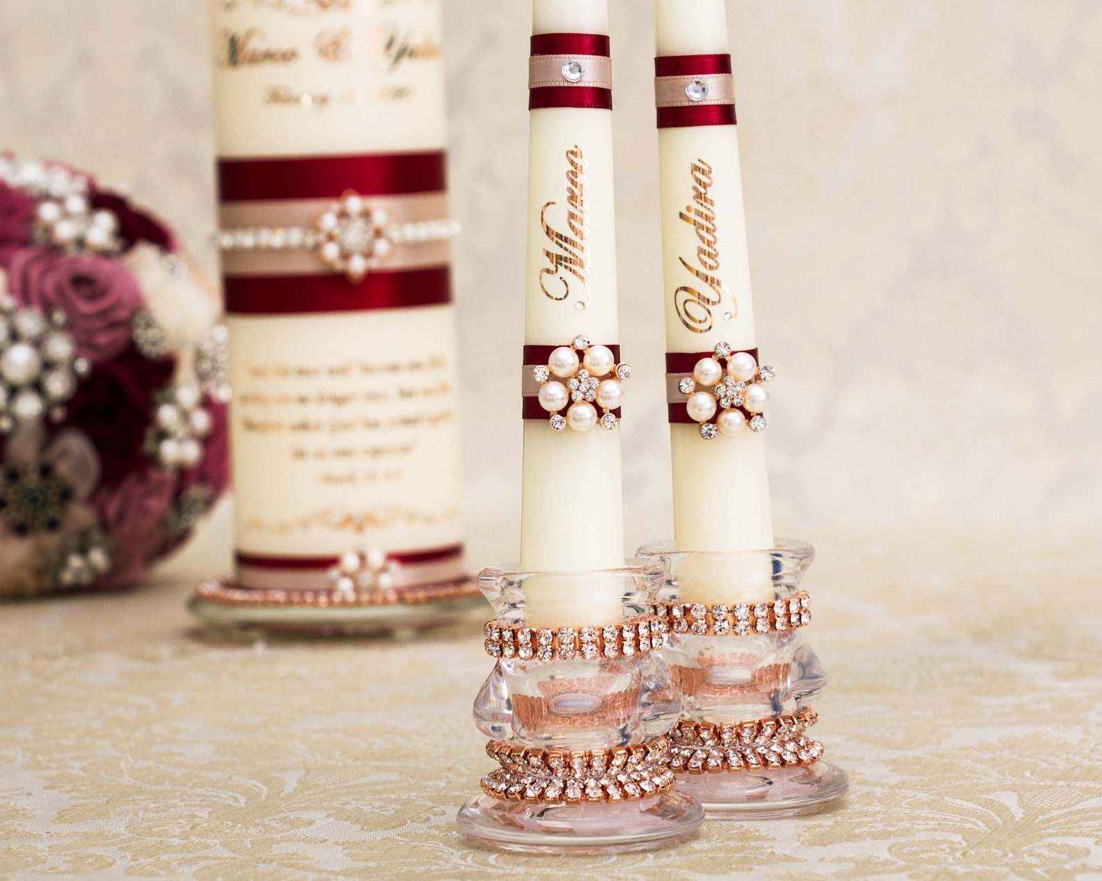 Rose Gold Wedding Unity Candle Set Burgundy Unity Candles Etsy
