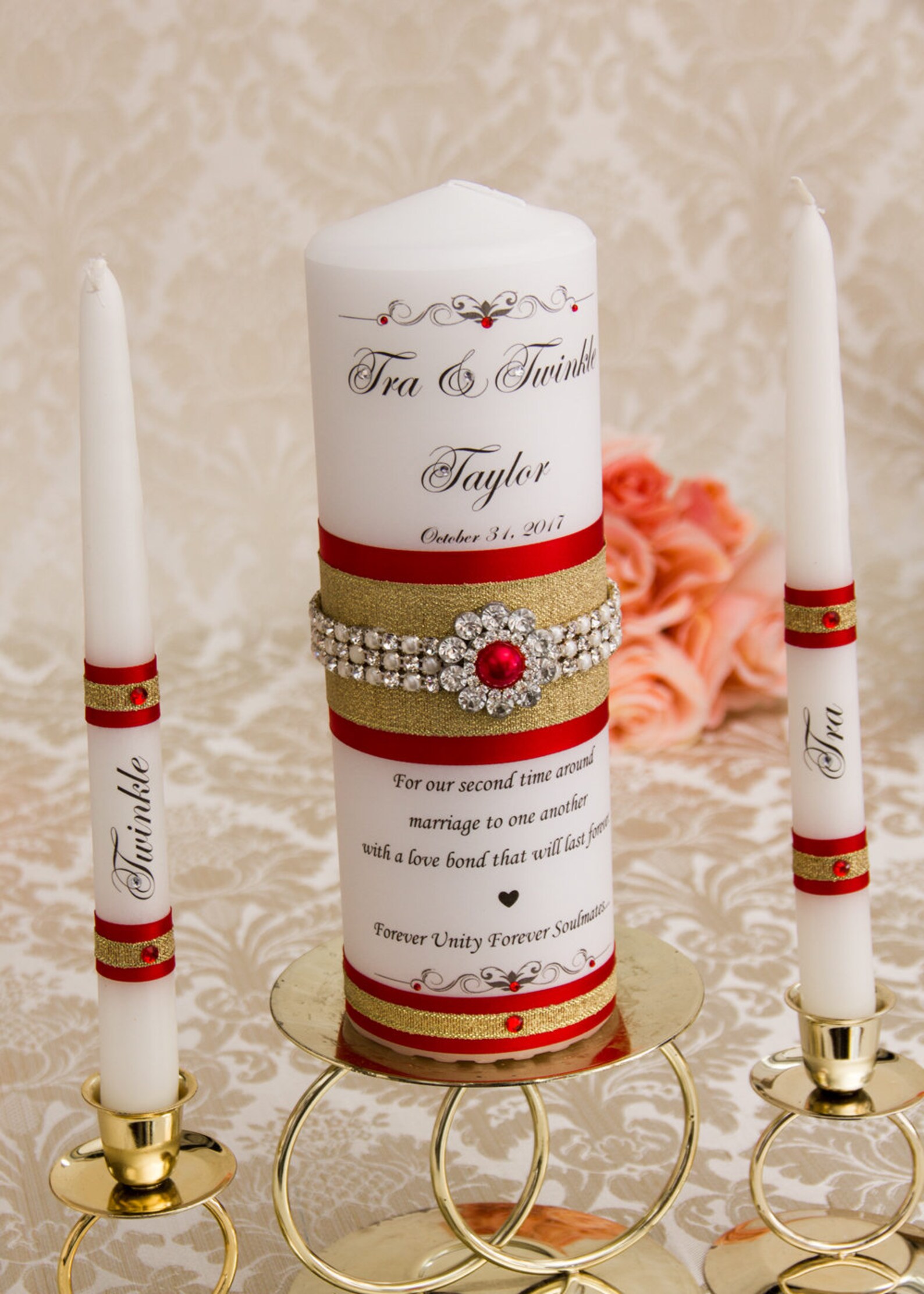 Gold Wedding Unity Candles Set Red and Gold Wedding Candles Etsy