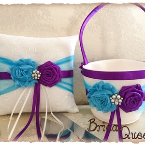 Turquoise Flower Girl Basket, Purple Ring Bearer Pillow, Turquoise Ring Pillow, Vintage Flower Girl Basket, You design, Flower Girl Basket