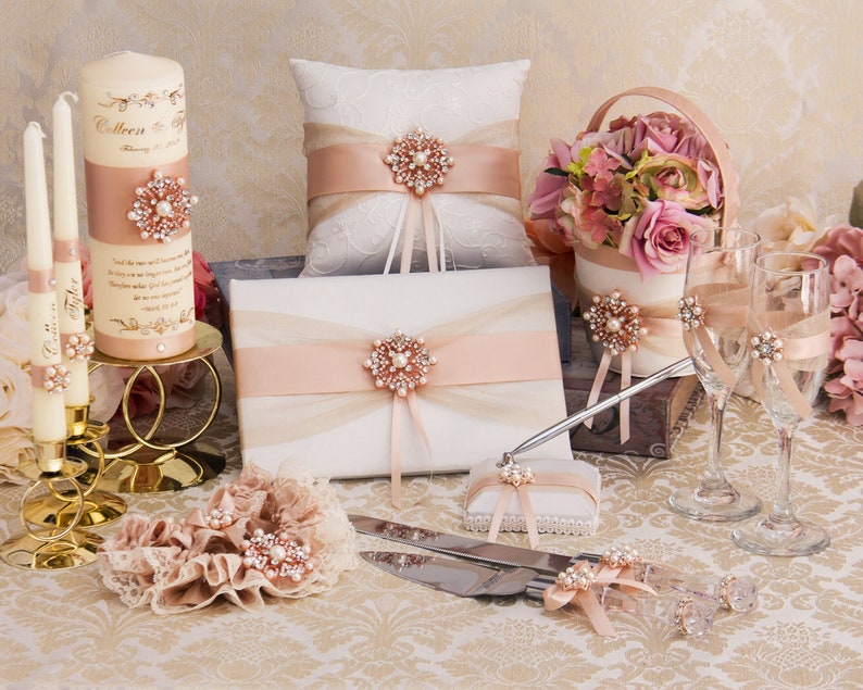 Rose Gold Wedding Accessories Set Flower Girl Basket Wedding Pillow Guest Book Garters Champagne Flutes Cake Serving Set Unity Candles Set image 1