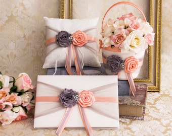 Peach and Gray Ring Bearer Pillow, Flower Girl Basket,  Flower Girl Basket and Ring Bearer Pillow Set Wedding Ring Bearer Pillow, Guest Book