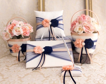 Navy Blush Flower Girl Basket set, Wedding Ring Pillow Ring Bearer Pillow Wedding Guest Book, Pen Holder, Navy and Blush Wedding Accessories