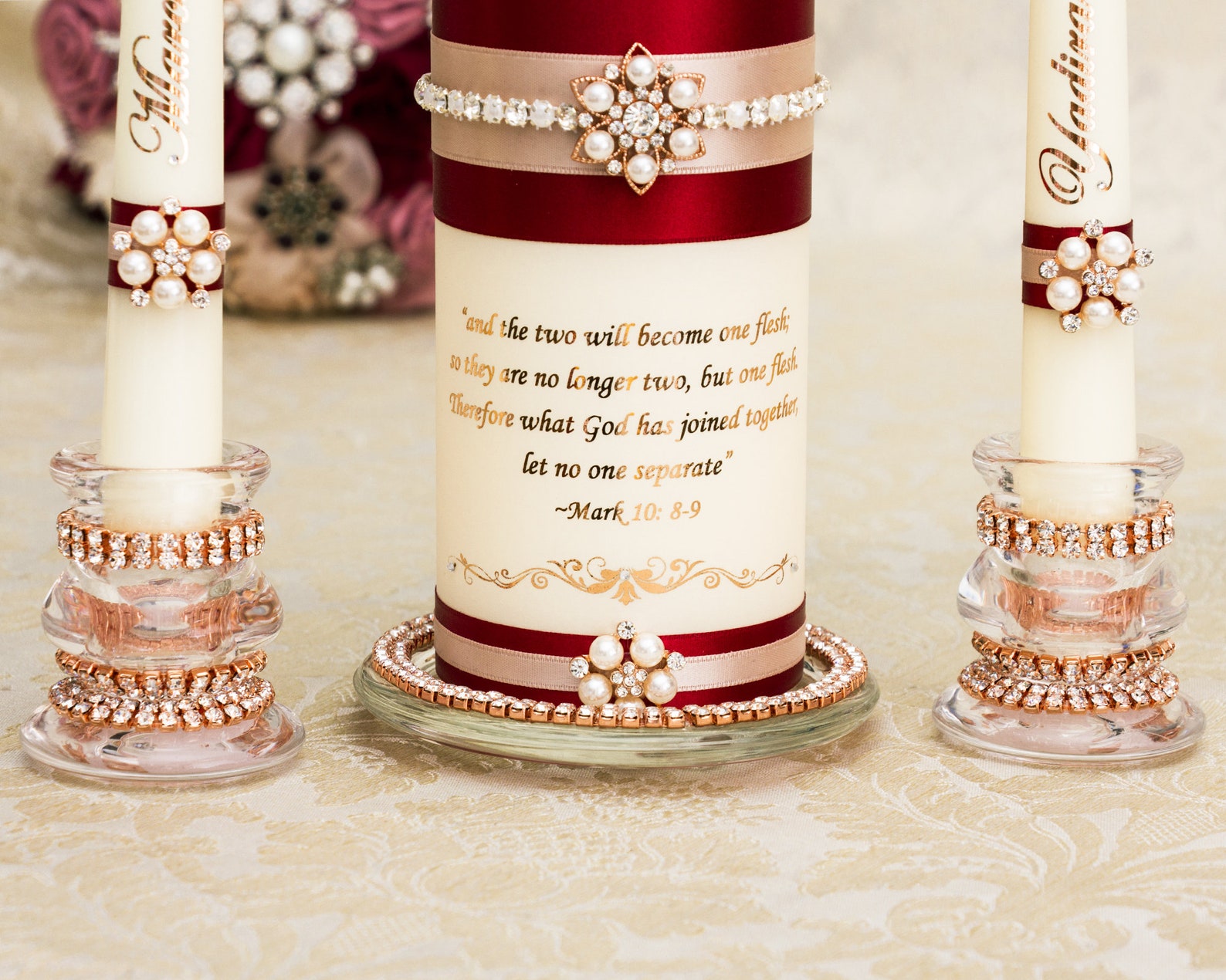 Rose Gold Wedding Unity Candle Set Burgundy Unity Candles Etsy