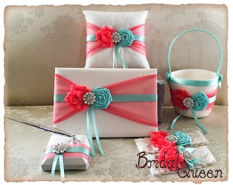 Aqua and Coral Ring Bearer Pillow, Flower Girl Basket,  Flower Girl Basket and Ring Bearer Pillow Set, Wedding Pillow, Guest Book