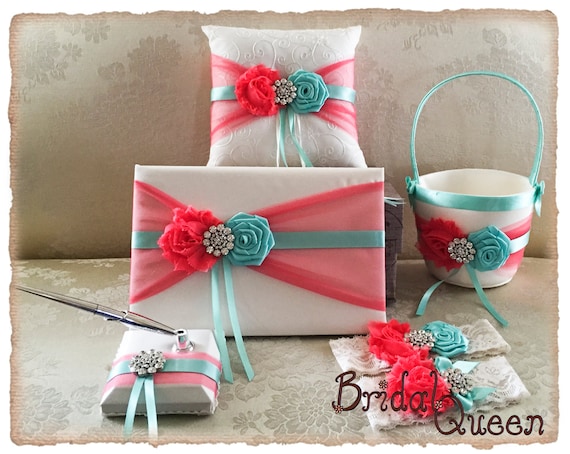 Aqua And Coral Ring Bearer Pillow Flower Girl Basket Flower Etsy
