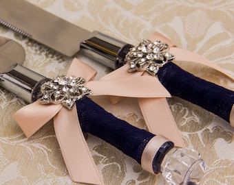 Wedding Knife Navy and Blush Wedding Cake Set Knife Cake Cutting Set Cake Knife Set Cake Server Wedding décor