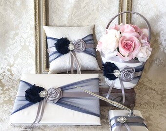 Navy Blue and Gray Wedding Accessories Set, Wedding Ring Bearer Pillow, Flower Girl basket, Gray Wedding Guest Book, Pen Holder