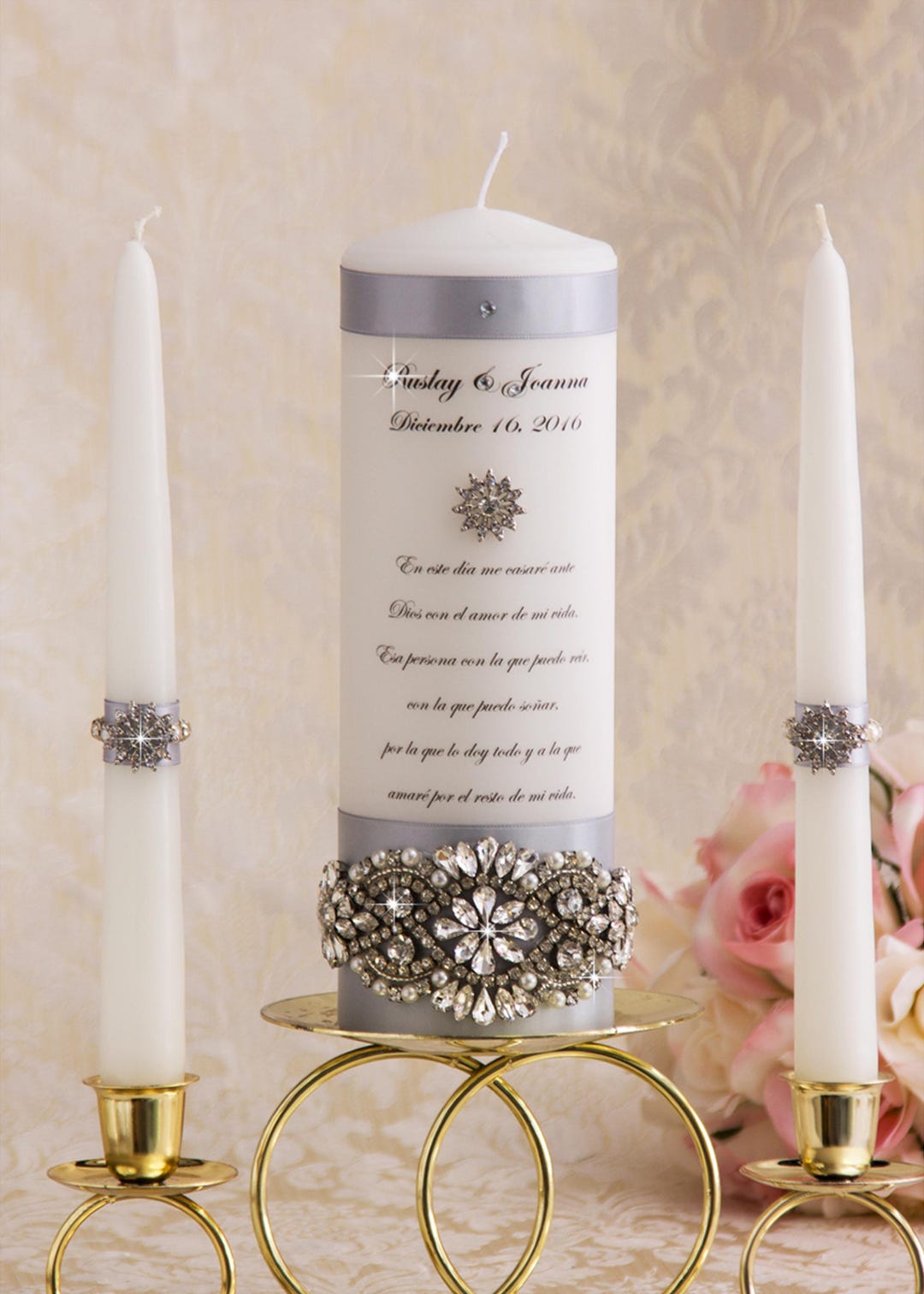 Silver Unity Candle Set, Personalized Wedding Candles With Rhinestone ...