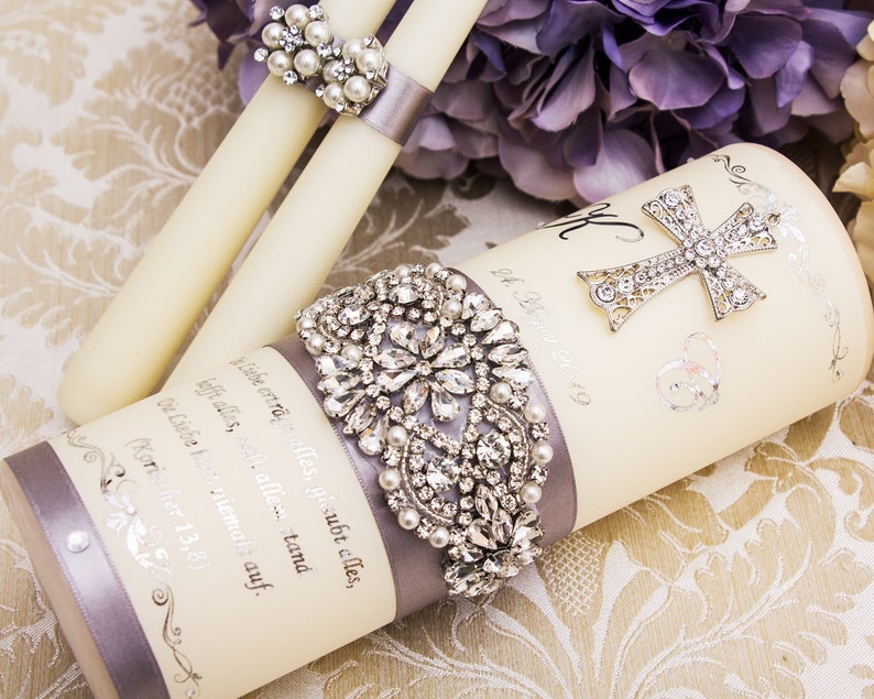 Wedding Unity Candle Set in Silver Personalized Wedding Candles Gold Crystal Unity Candle Set for Church Wedding