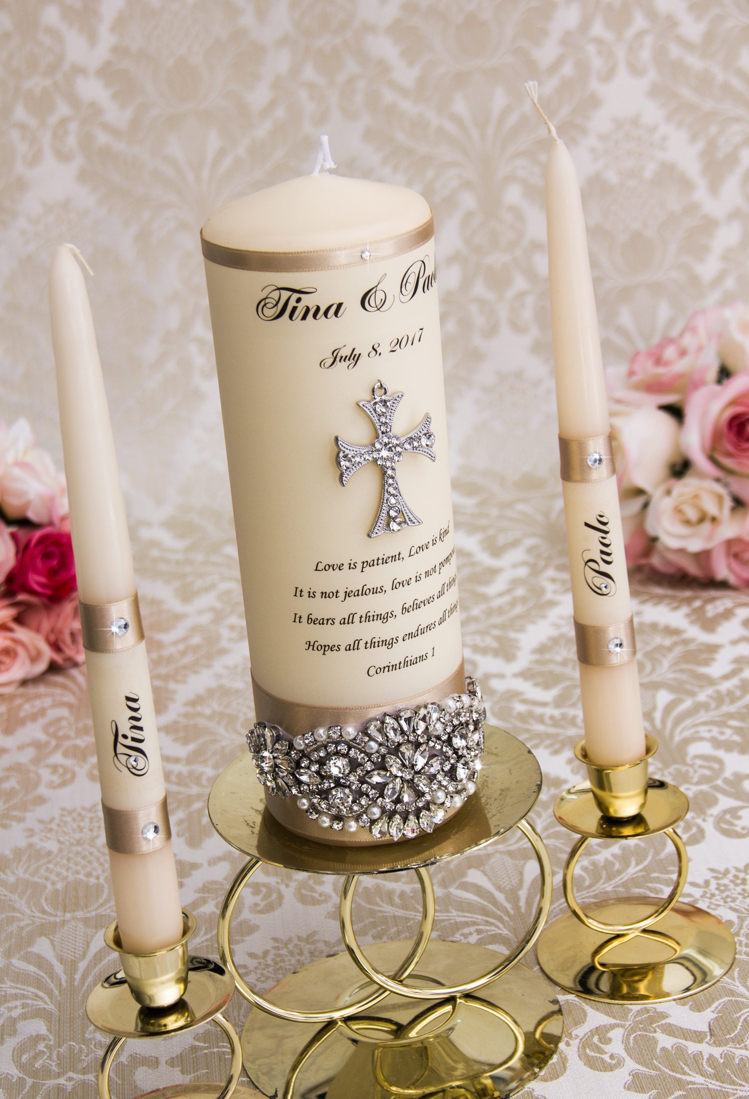 Personalized Wedding Unity Candle Set, Gold Foil Wedding Candles Set