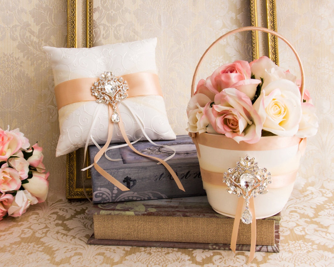 Rose Gold Flower Girl Basket Set Wedding Ring Pillow Guest Etsy