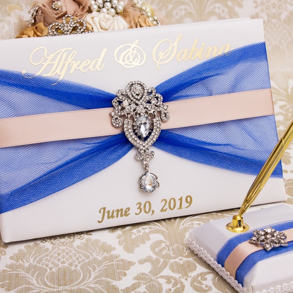 Wedding Guest Book, Personalized Wedding Guestbook, Royal Blue Guest Book, Guest Book Set, Wedding Decor