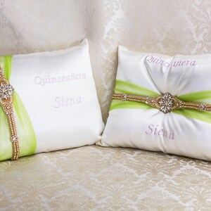 Personalized Quinceanera Pillow in chartreuse and gold, Tiara Pillow, Kneeling Pillow, Shoe Pillow, Mis quince Anos, Sweet Sixteen decor